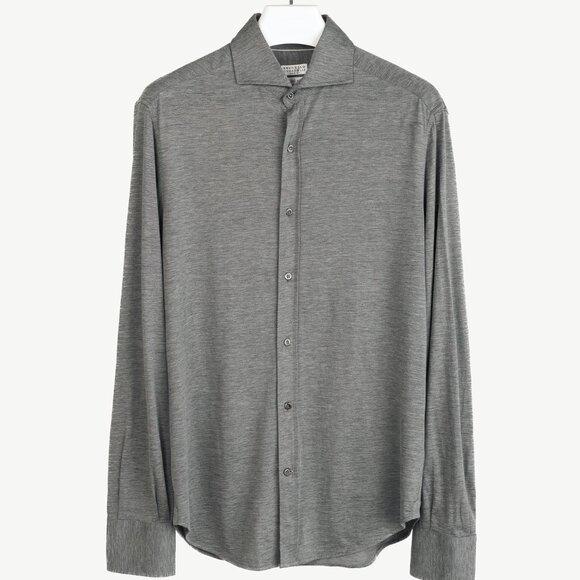Brunello Cucinelli Dark Grey Silk & Cotton Jersey Button-Up Basic Fit Shirt - Picture 1 of 12